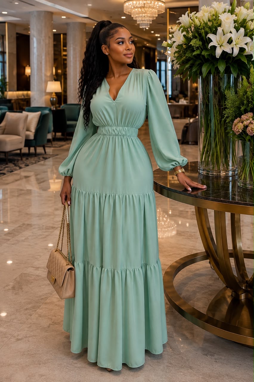 V colla cut long dress